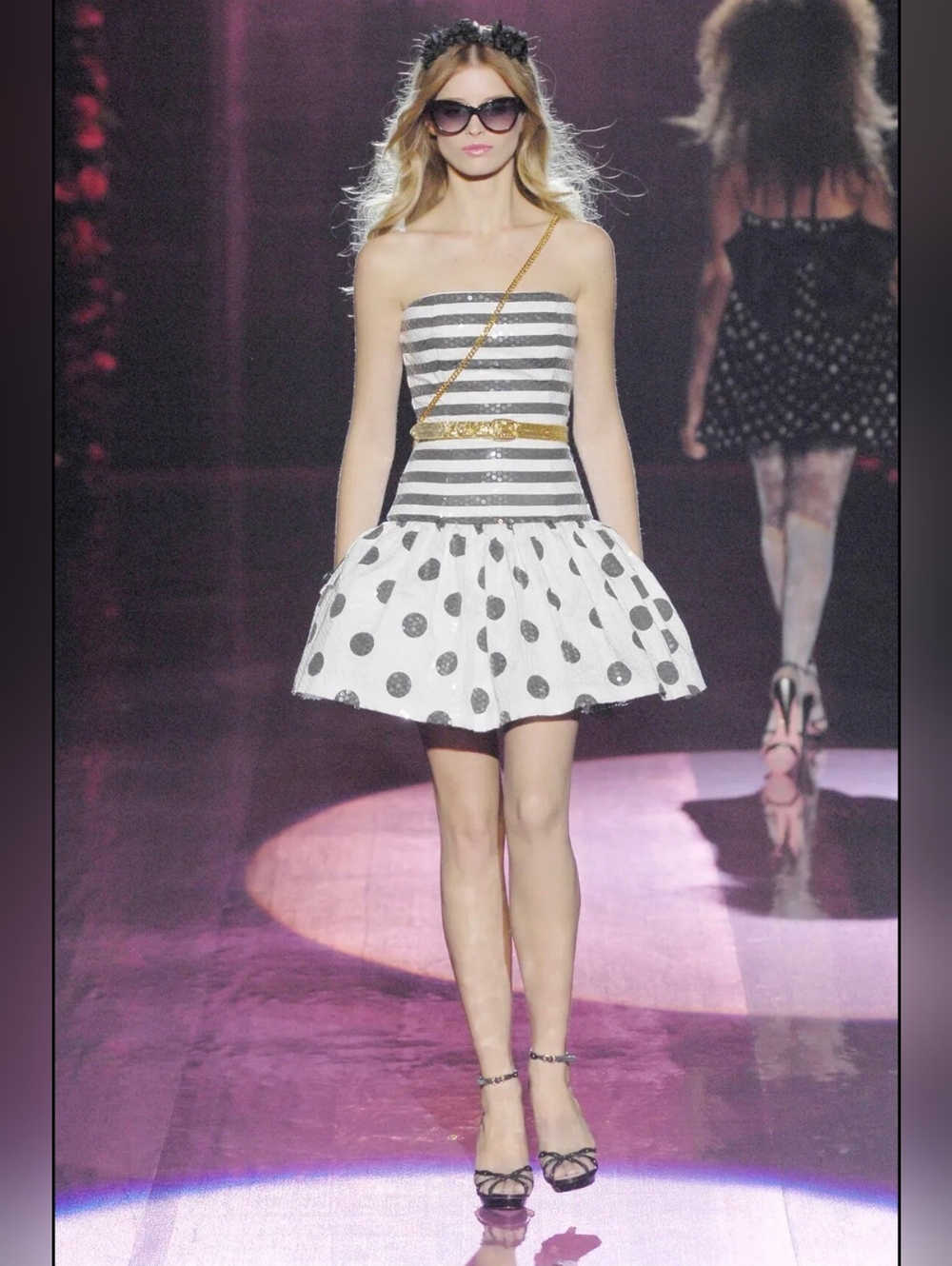 RARE Vintage Runway Betsey Johnson B&W Polka Dot Stripe Sequin Cocktail Dress 2 - Picture 7 of 8